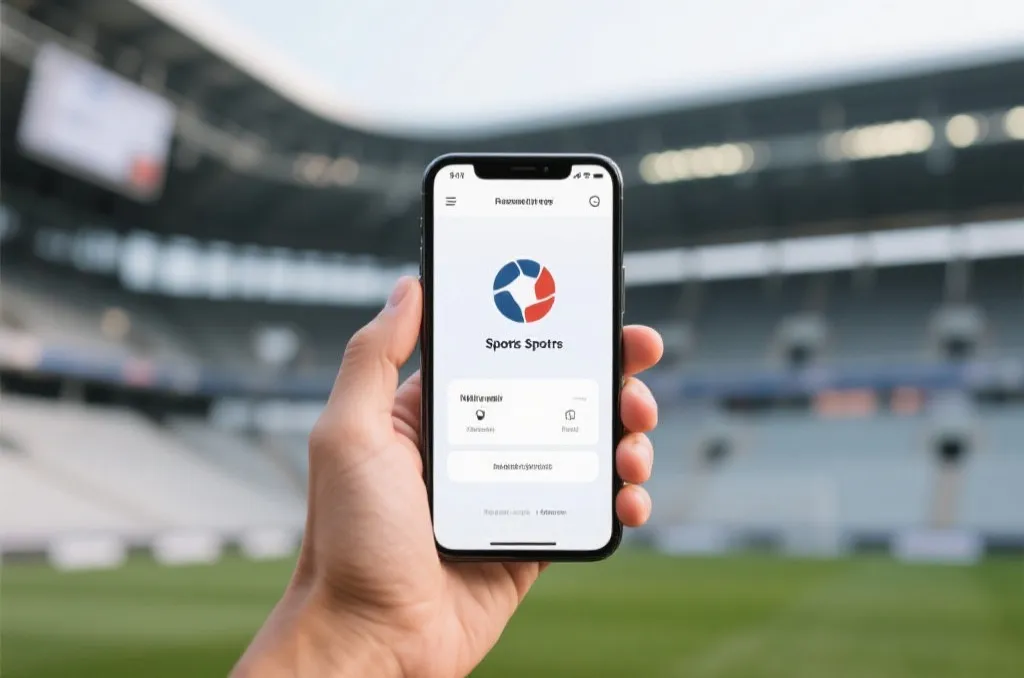 A hand holding a smartphone showing a clean sports application interface with a modern soccer stadium blurred in the background
