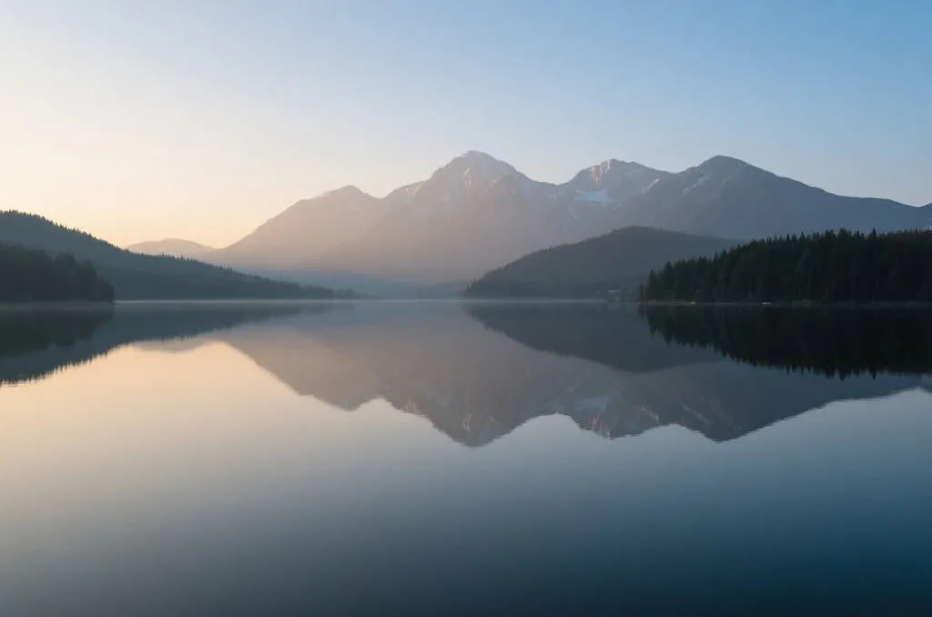 A serene landscape of a calm lake reflecting mountains at dawn, representing emotional balance and discipline