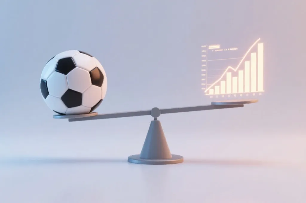 A conceptual illustration of a balance scale with a soccer ball on one side and glowing data charts on the other, clean corporate aesthetic, soft studio lighting